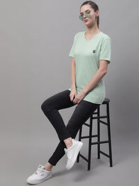 Vimal Jonney V Neck Cotton Solid Light Green T-Shirt for Women