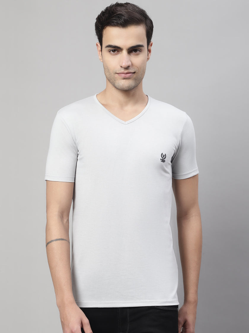 Vimal Jonney V Neck Cotton Solid Light Grey T-Shirt for Men