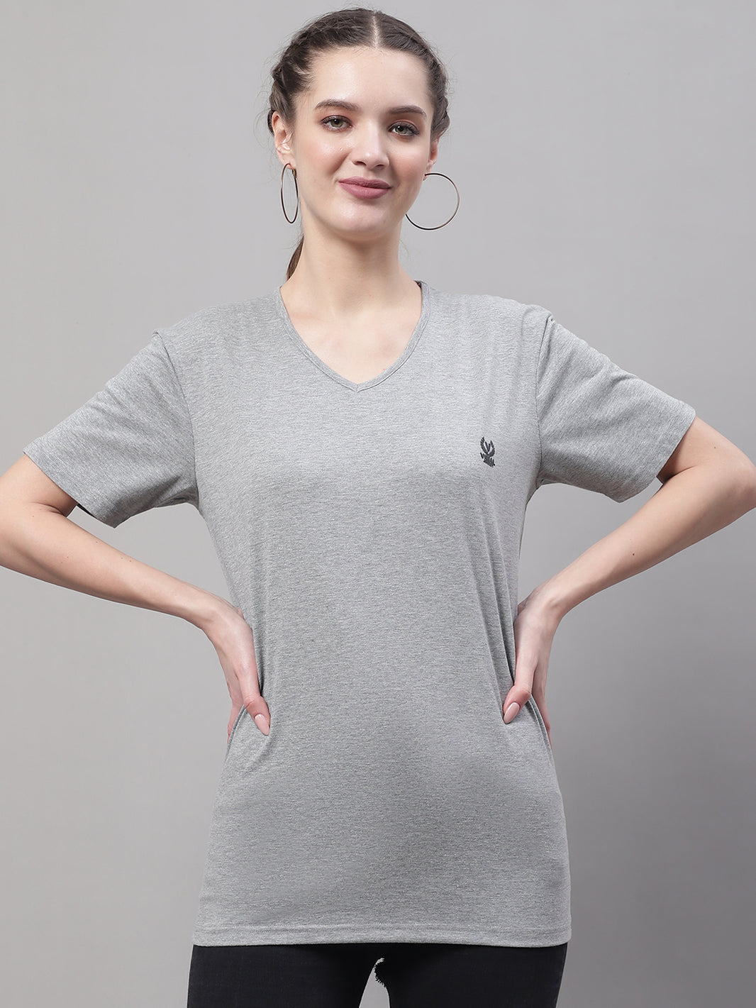 Vimal Jonney V Neck Cotton Solid Grey Melange T-Shirt for Women