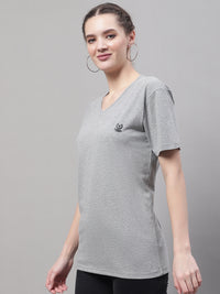 Vimal Jonney V Neck Cotton Solid Grey Melange T-Shirt for Women