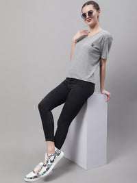 Vimal Jonney V Neck Cotton Solid Grey Melange T-Shirt for Women