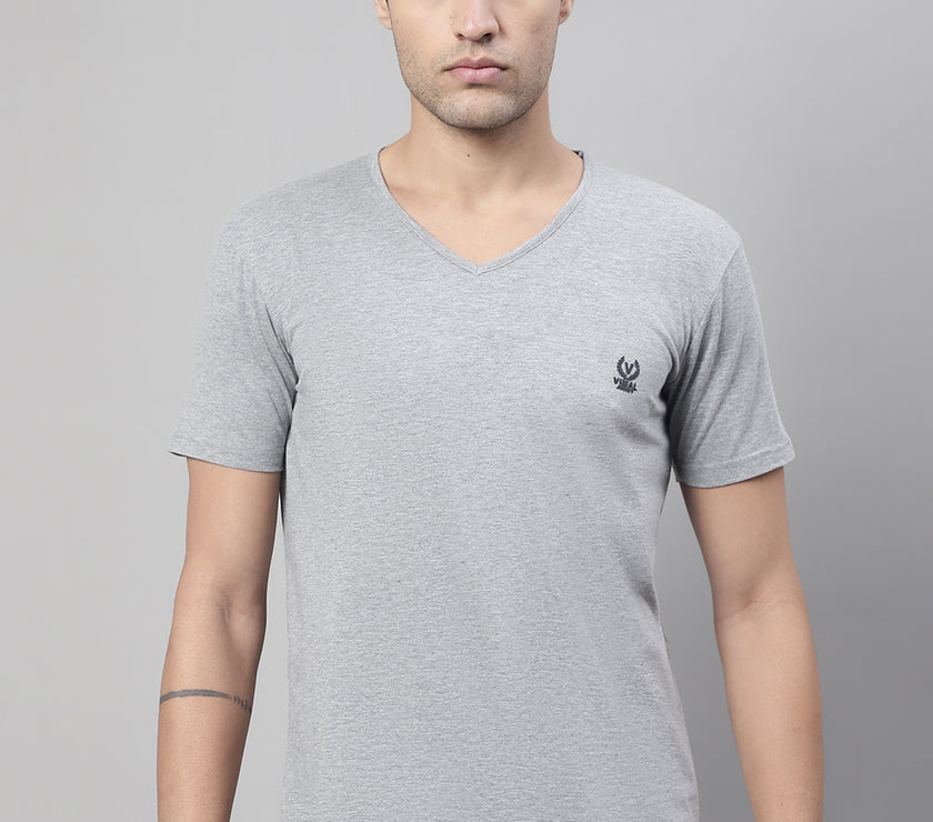 Vimal Jonney V Neck Cotton Solid Grey Melange T-Shirt for Men