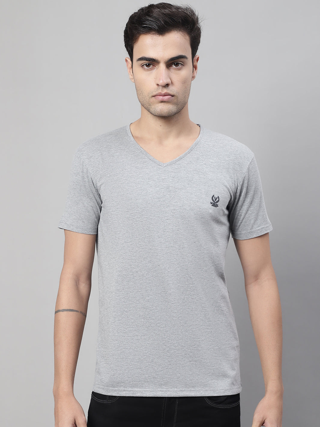 Vimal Jonney V Neck Cotton Solid Grey Melange T-Shirt for Men