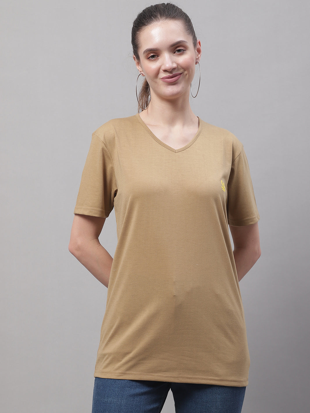 Vimal Jonney V Neck Cotton Solid Mud T-Shirt for Women