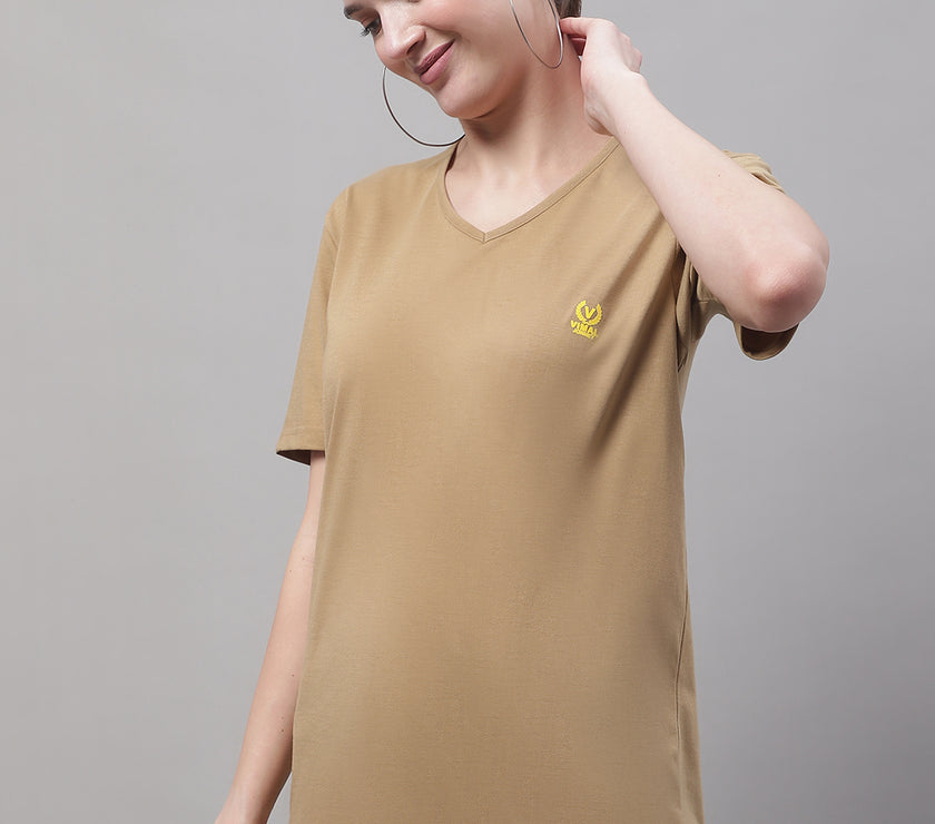 Vimal Jonney V Neck Cotton Solid Mud T-Shirt for Women