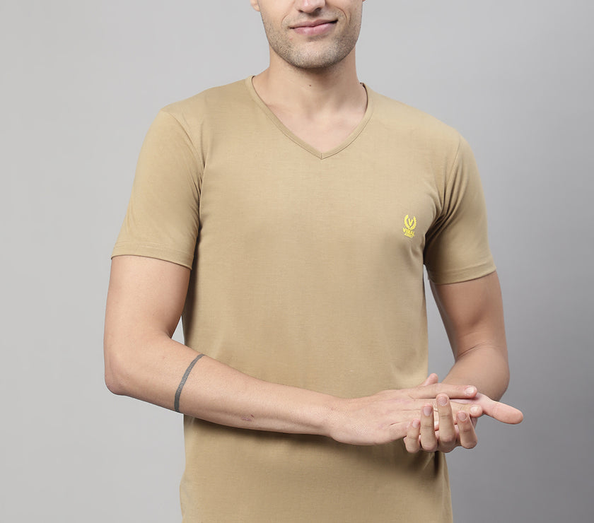 Vimal Jonney V Neck Cotton Solid Mud T-Shirt for Men
