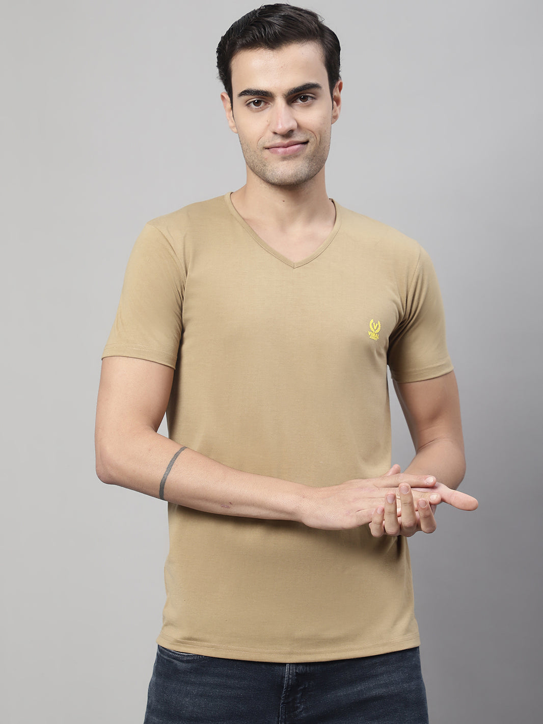 Vimal Jonney V Neck Cotton Solid Mud T-Shirt for Men