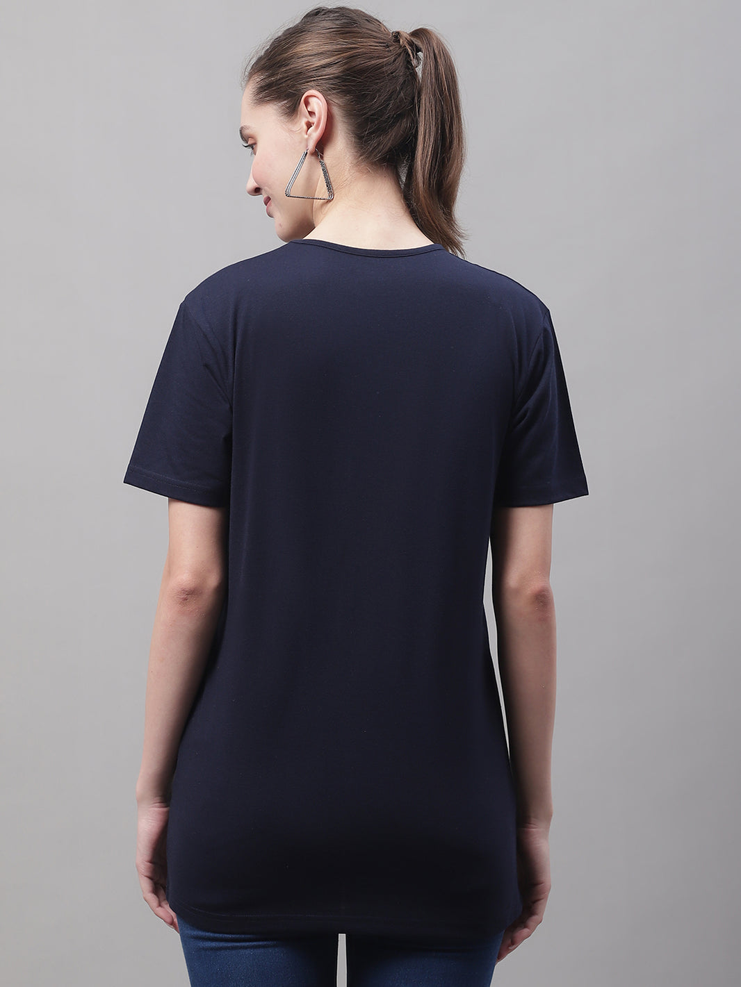 Vimal Jonney V Neck Cotton Solid Navy Blue T-Shirt for Women