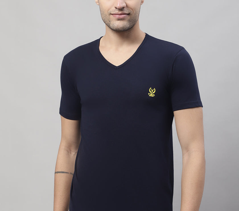 Vimal Jonney V Neck Cotton Solid Navy Blue T-Shirt for Men