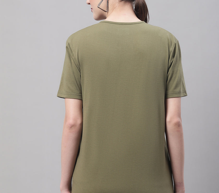 Vimal Jonney V Neck Cotton Solid Olive T-Shirt for Women