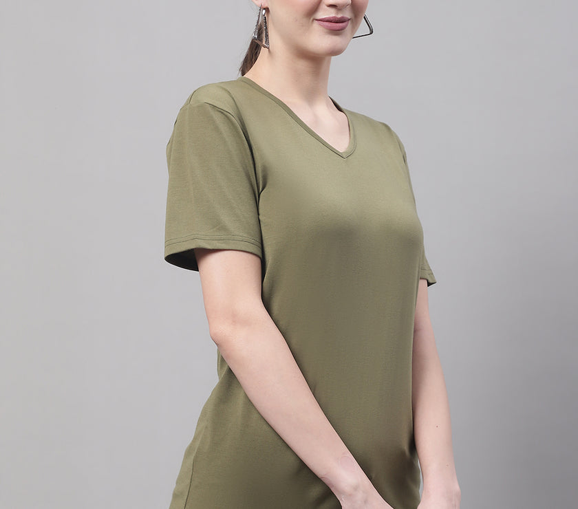 Vimal Jonney V Neck Cotton Solid Olive T-Shirt for Women