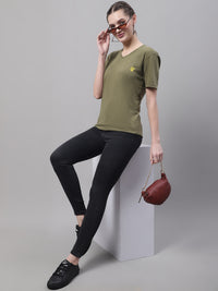 Vimal Jonney V Neck Cotton Solid Olive T-Shirt for Women