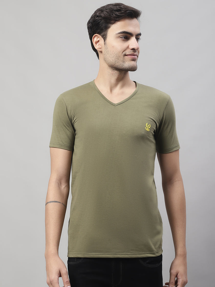 Vimal Jonney V Neck Cotton Solid Olive T-Shirt for Men