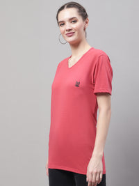 Vimal Jonney V Neck Cotton Solid Pink T-Shirt for Women