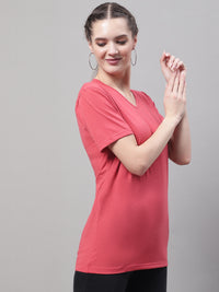 Vimal Jonney V Neck Cotton Solid Pink T-Shirt for Women