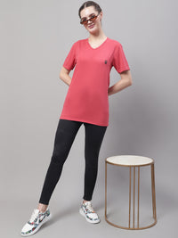 Vimal Jonney V Neck Cotton Solid Pink T-Shirt for Women