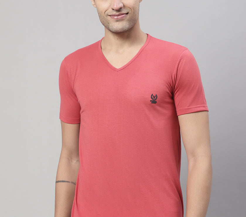 Vimal Jonney V Neck Cotton Solid Pink T-Shirt for Men