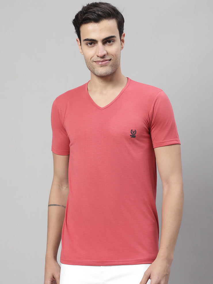 Vimal Jonney V Neck Cotton Solid Pink T-Shirt for Men