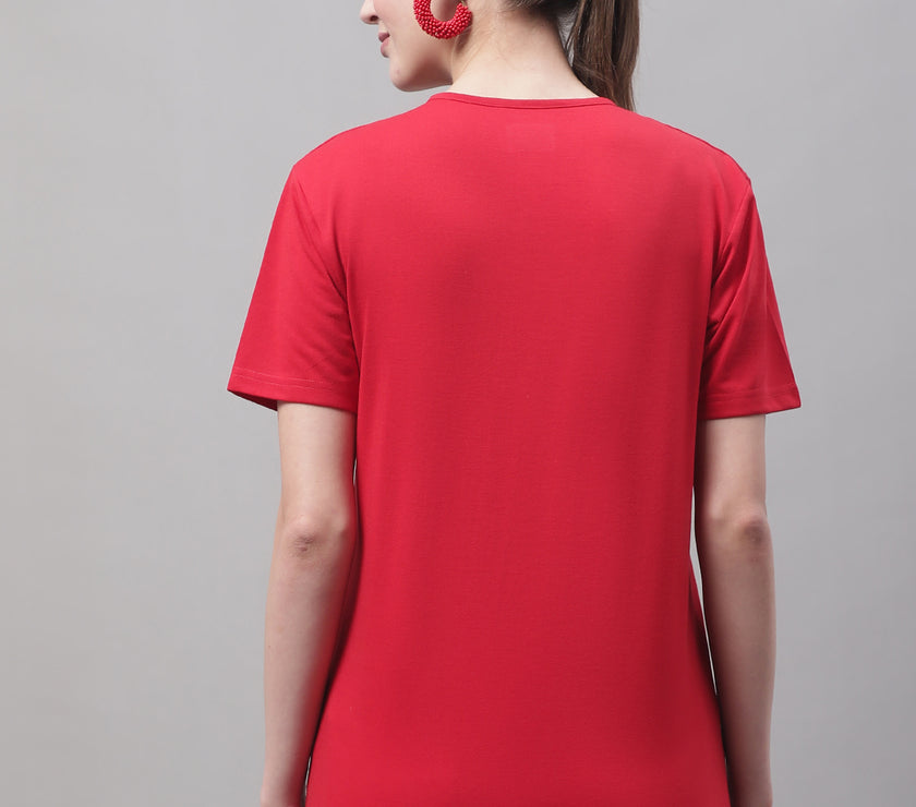 Vimal Jonney V Neck Cotton Solid Red T-Shirt for Women