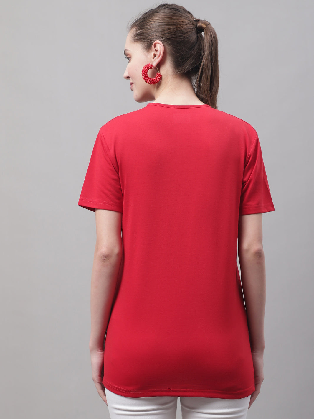 Vimal Jonney V Neck Cotton Solid Red T-Shirt for Women