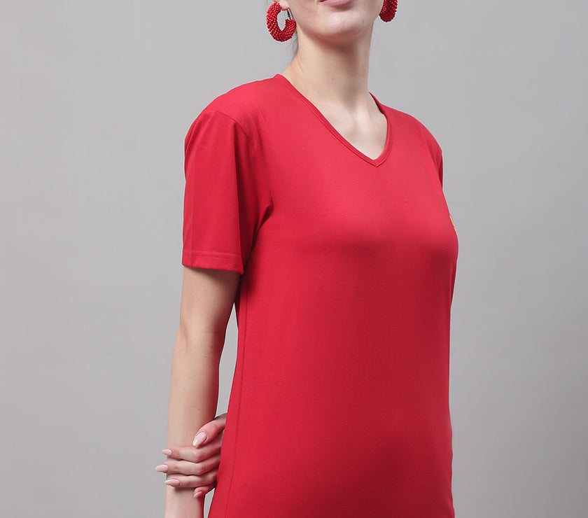 Vimal Jonney V Neck Cotton Solid Red T-Shirt for Women