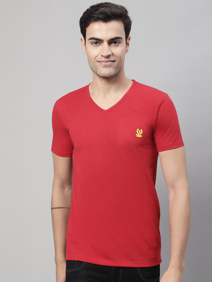 Vimal Jonney V Neck Cotton Solid Red T-Shirt for Men