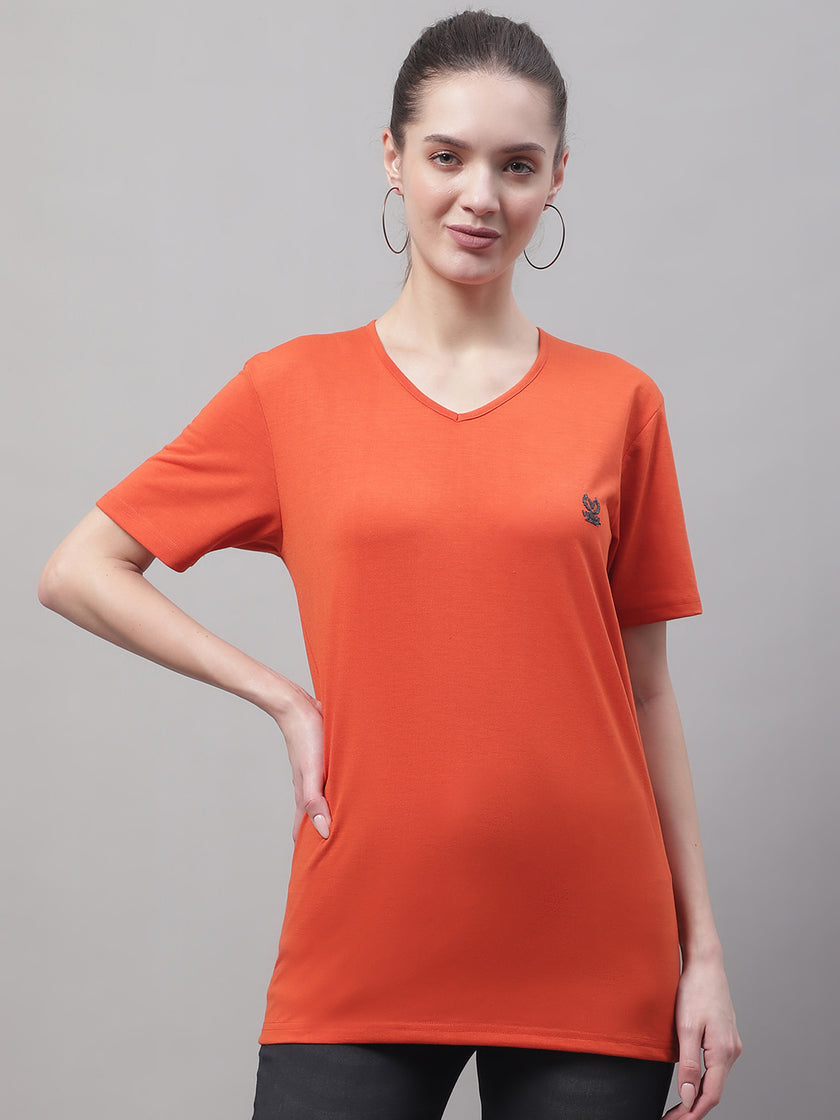Vimal Jonney V Neck Cotton Solid Rust T-Shirt for Women