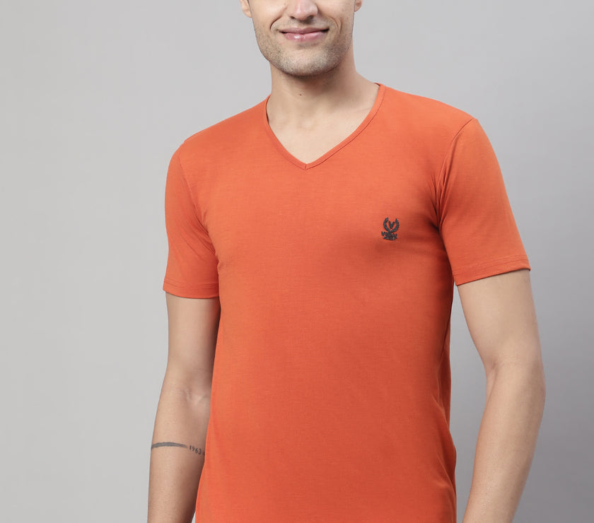 Vimal Jonney V Neck Cotton Solid Rust T-Shirt for Men