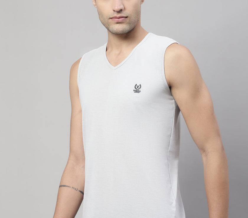 Vimal Jonney Regular Fit Cotton Solid Light Grey Gym Vest for Men