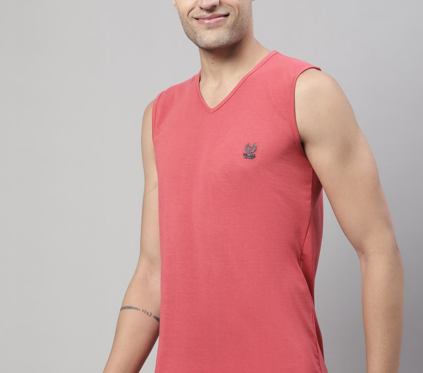 Vimal Jonney Regular Fit Cotton Solid Pink Gym Vest for Men