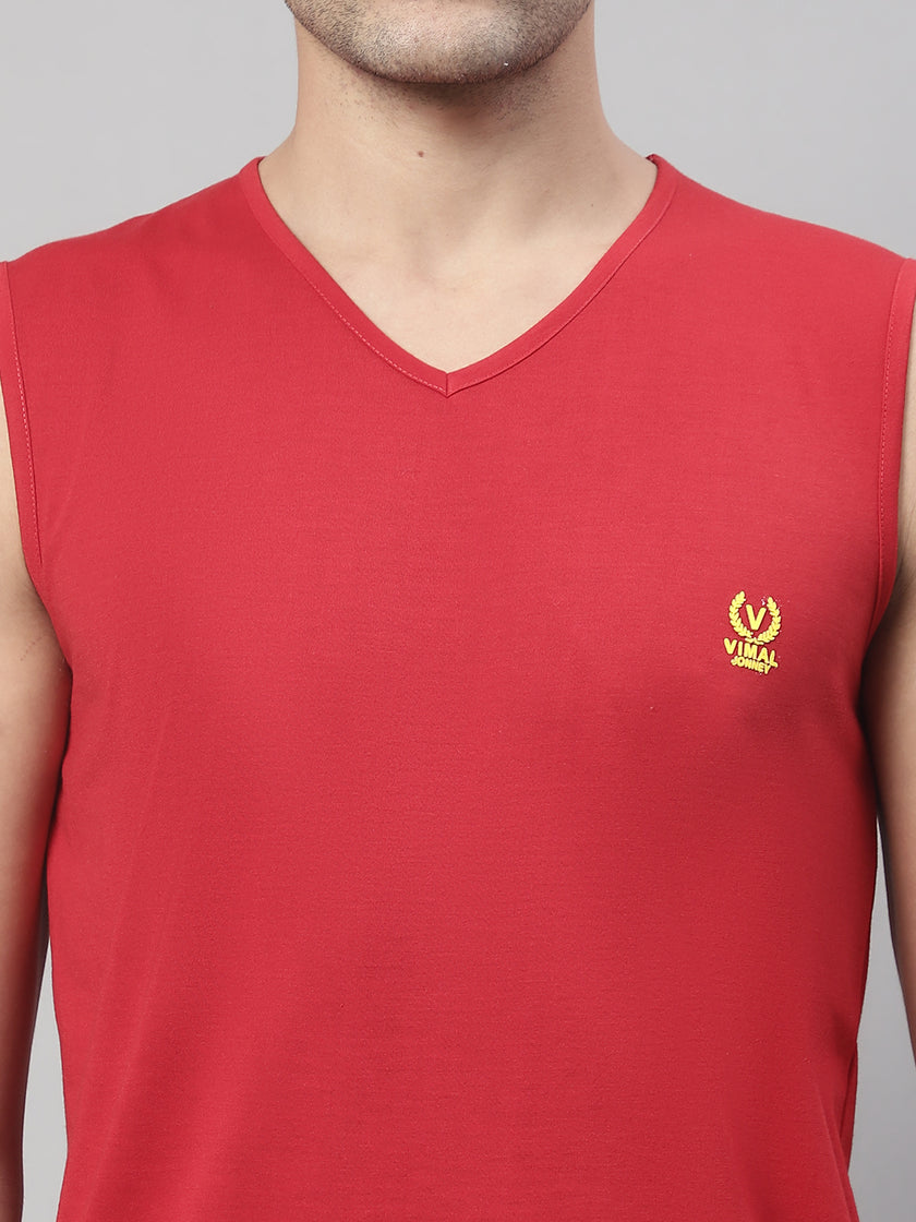 Vimal Jonney Regular Fit Cotton Solid Red Gym Vest for Men