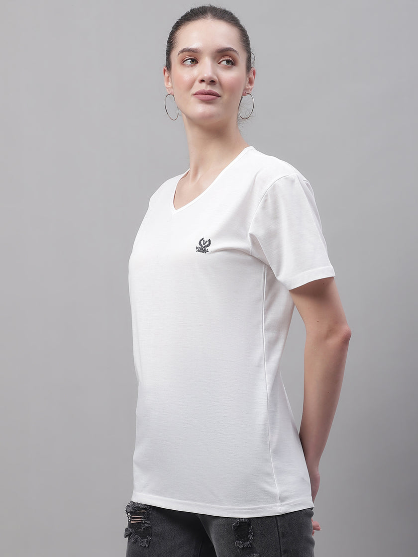 Vimal Jonney V Neck Cotton Solid White T-Shirt for Women