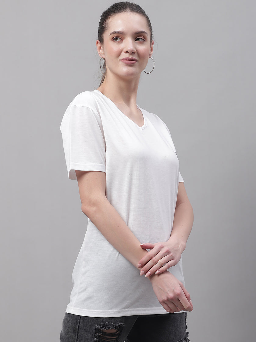 Vimal Jonney V Neck Cotton Solid White T-Shirt for Women