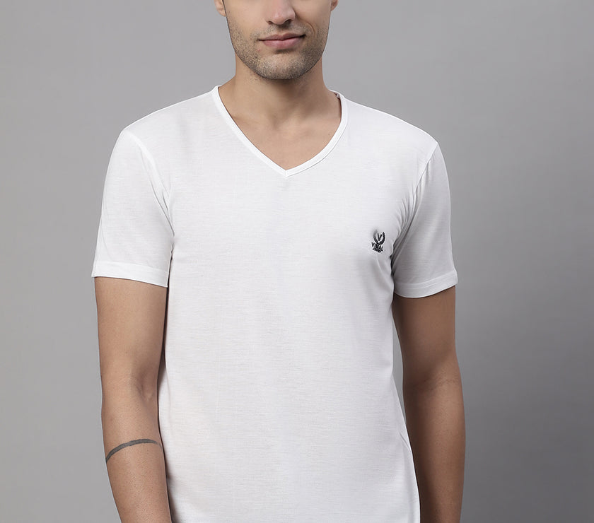 Vimal Jonney V Neck Cotton Solid White T-Shirt for Men