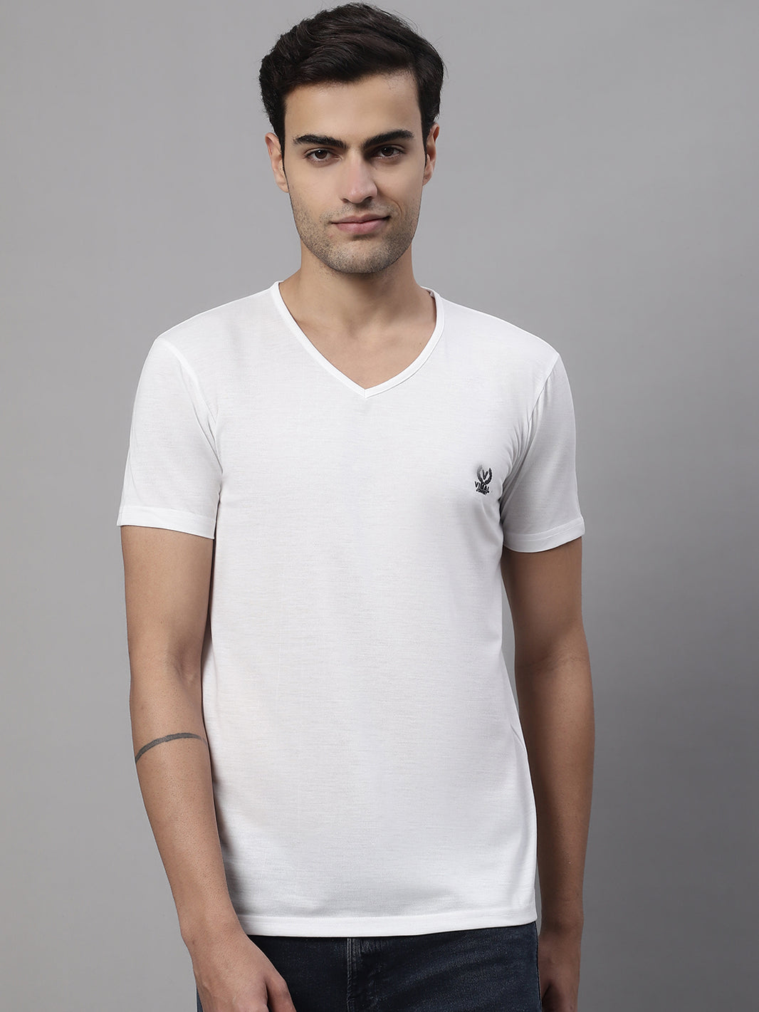 Vimal Jonney V Neck Cotton Solid White T-Shirt for Men