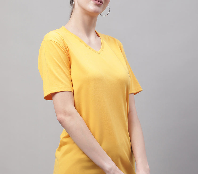 Vimal Jonney V Neck Cotton Solid Yellow T-Shirt for Women
