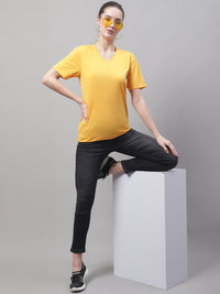 Vimal Jonney V Neck Cotton Solid Yellow T-Shirt for Women