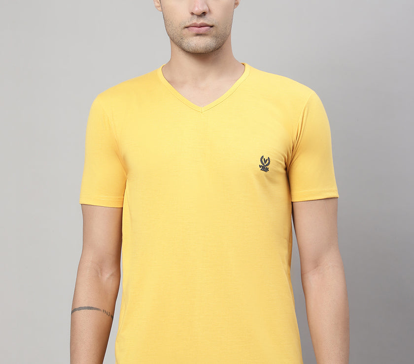 Vimal Jonney V Neck Cotton Solid Yellow T-Shirt for Men