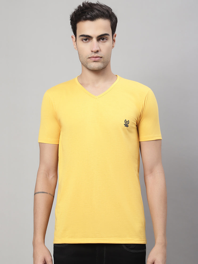 Vimal Jonney V Neck Cotton Solid Yellow T-Shirt for Men