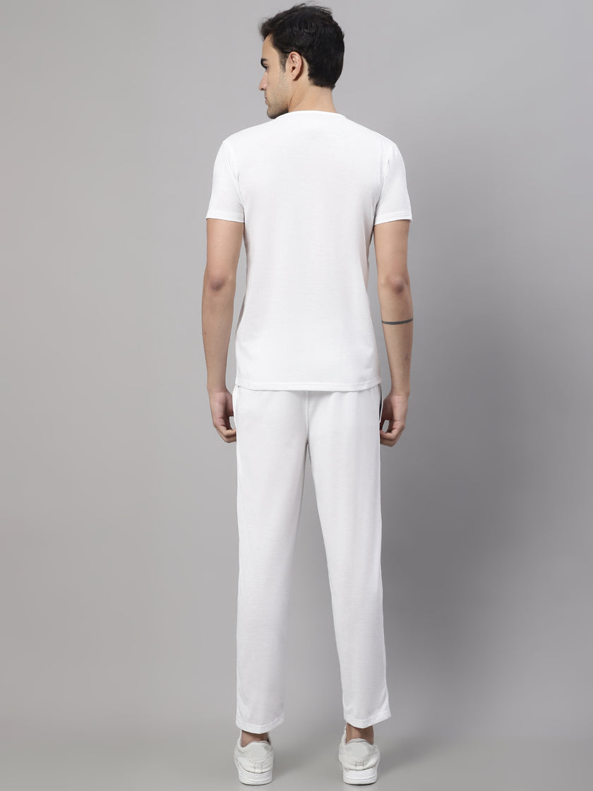 Vimal Jonney White Cotton Solid Co-ord Set Tracksuit For Men(Zip Of 1 Side Pocket)