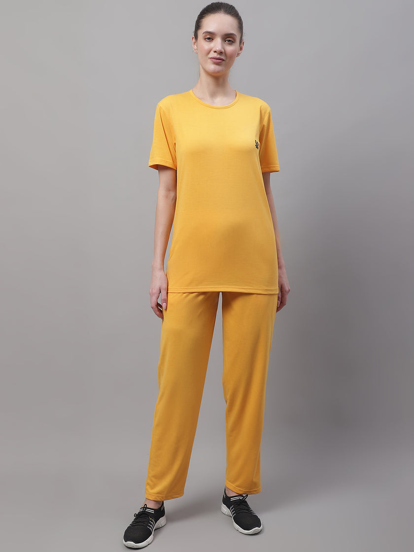 Vimal Jonney Yellow Cotton Solid Co-ord Set Tracksuit For Women