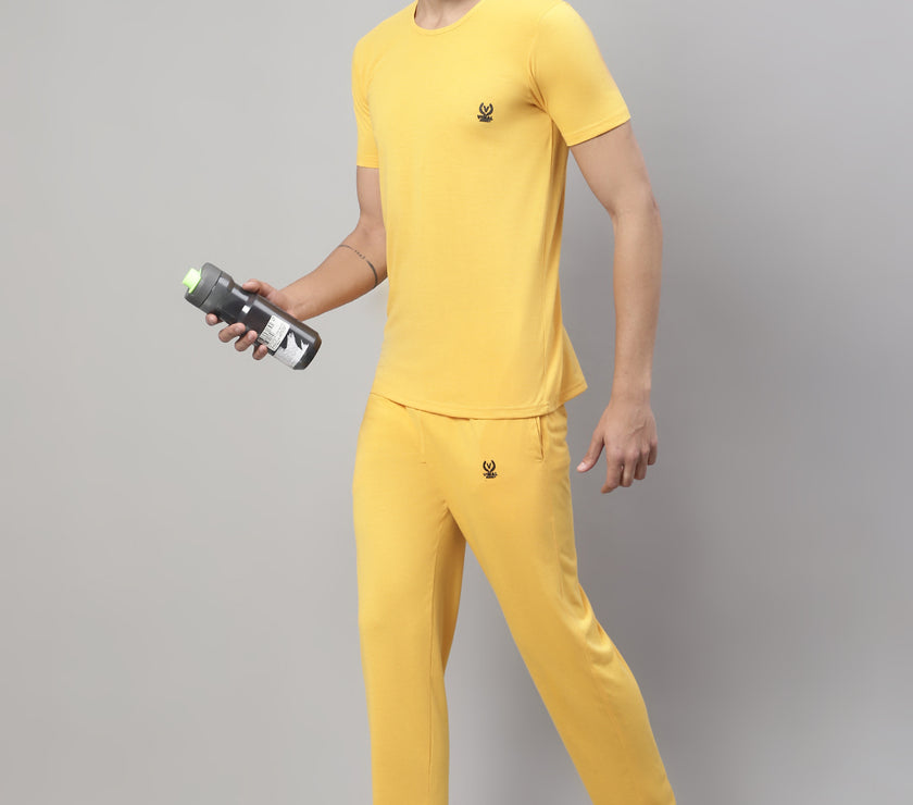 Vimal Jonney Yellow Cotton Solid Co-ord Set Tracksuit For Men(Zip Of 1 Side Pocket)