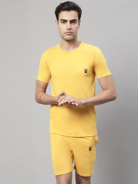 Vimal Jonney Yellow Cotton Solid Co-ord Set Tracksuit For Men(Zip Of 1 Side Pocket)