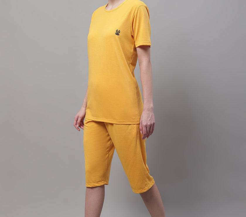 Vimal Jonney Yellow Cotton Solid Co-ord Set Tracksuit For Women